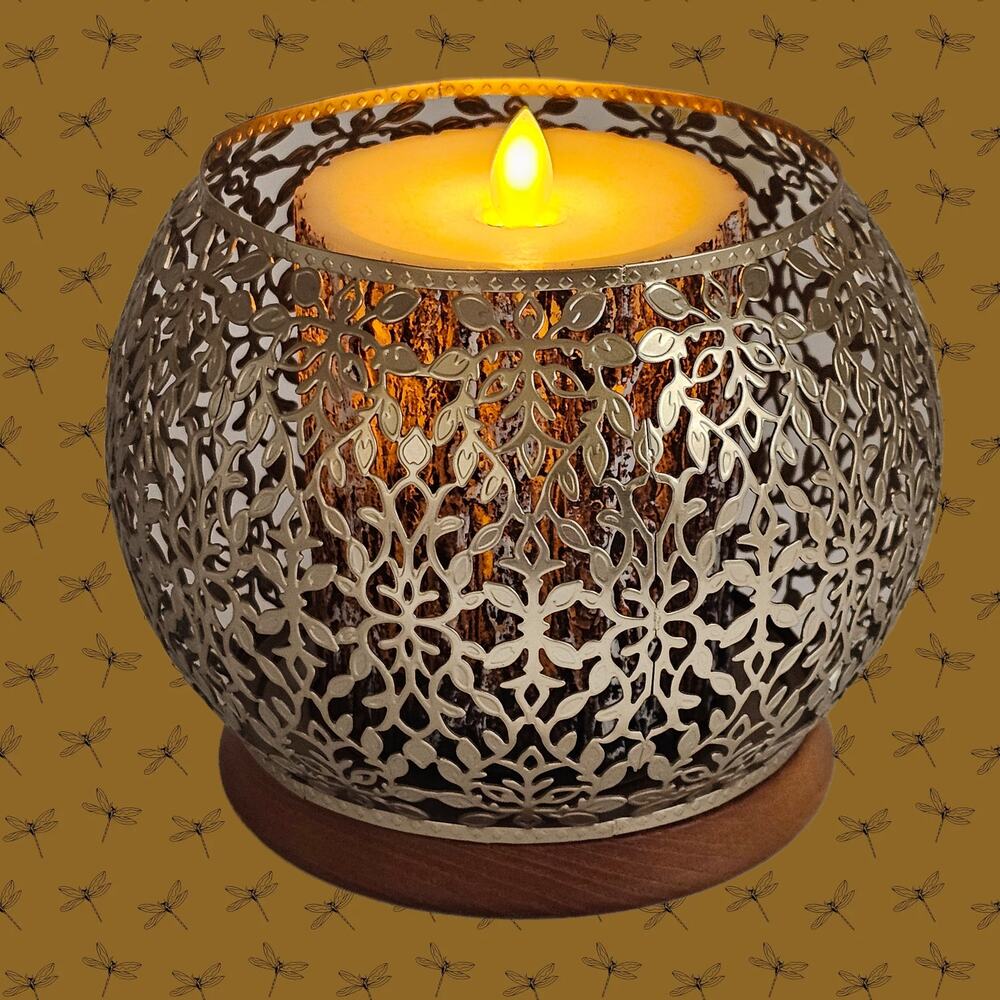 Bath And Body Works Gold Globe Metal Wooden Base 3 Wick Candle Holder